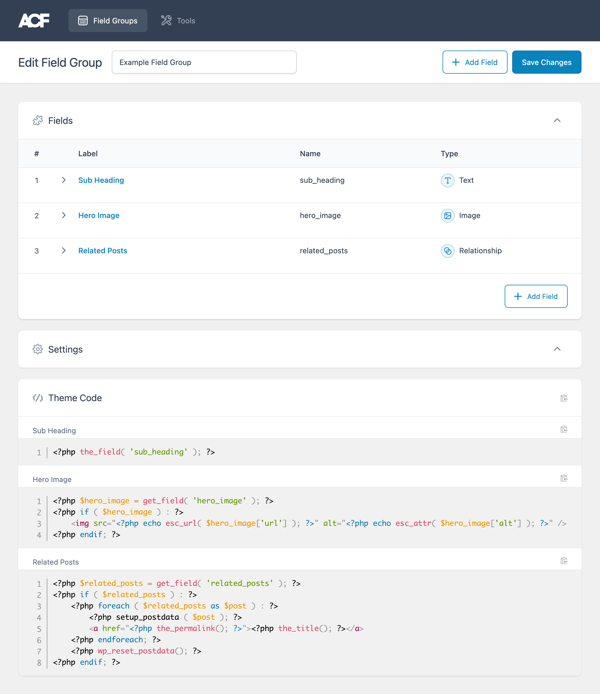 The code required to implement each field is displayed for you in the Theme Code section.
