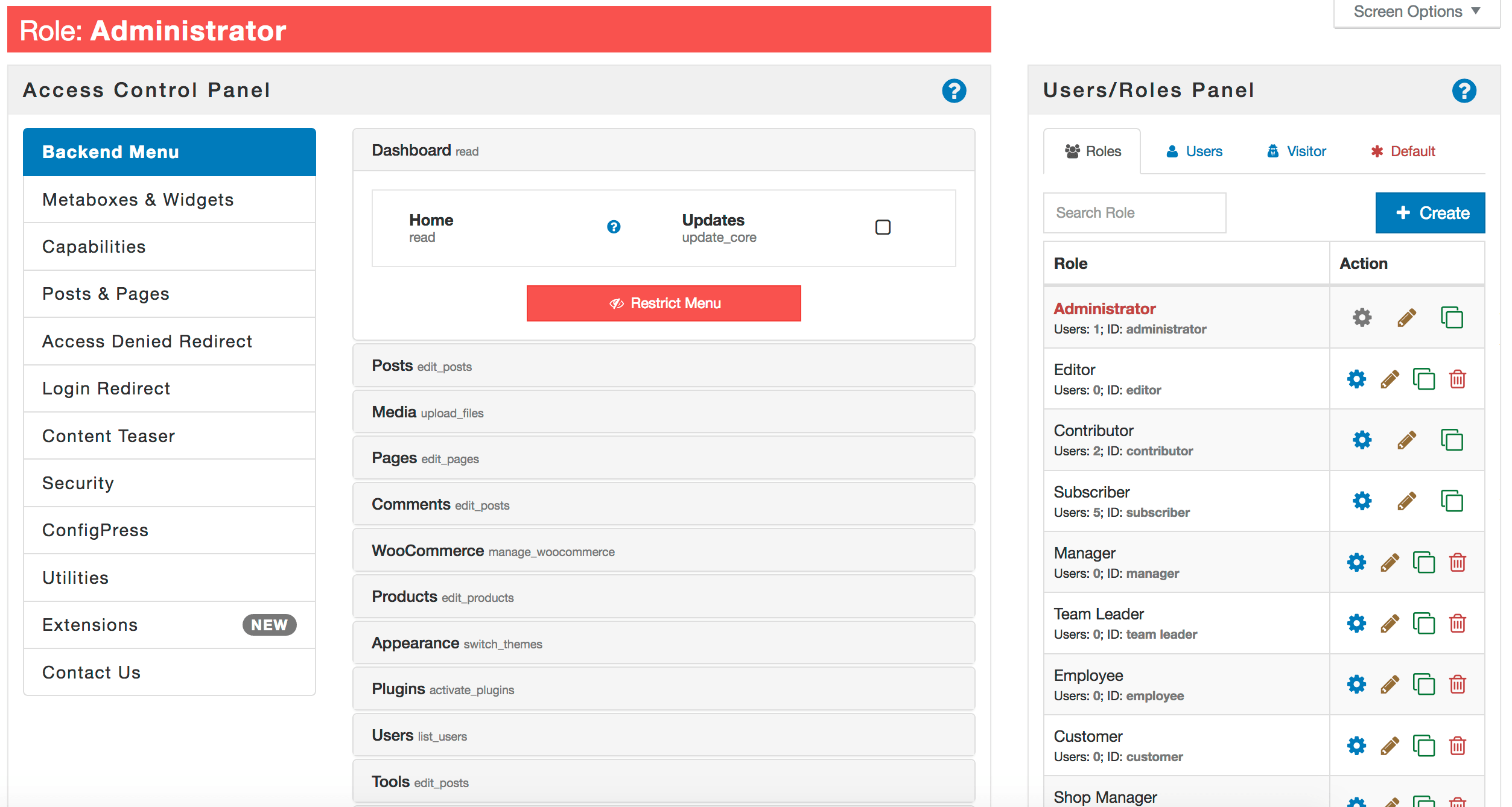 Manage access to backend menu