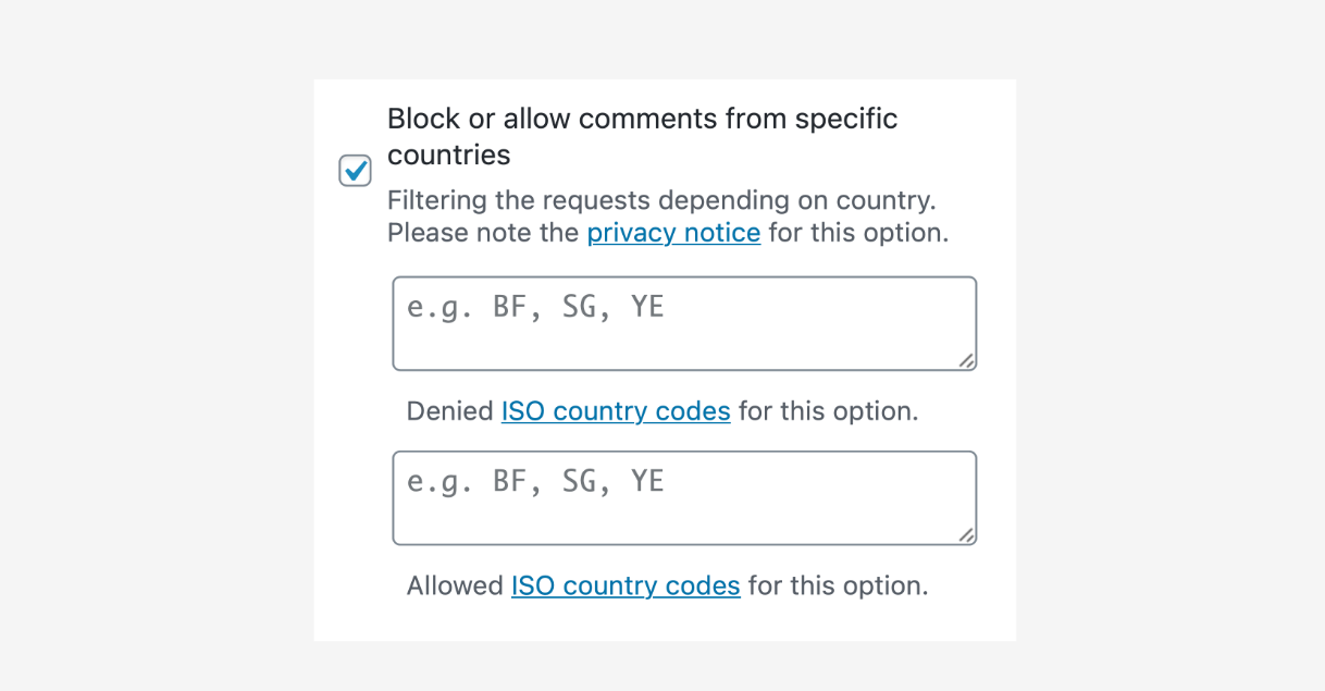 Block or allow comments from specific countries.