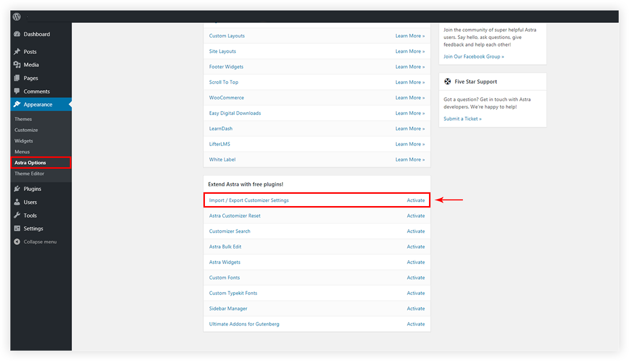 Import / Export Customizer Settings screenshot