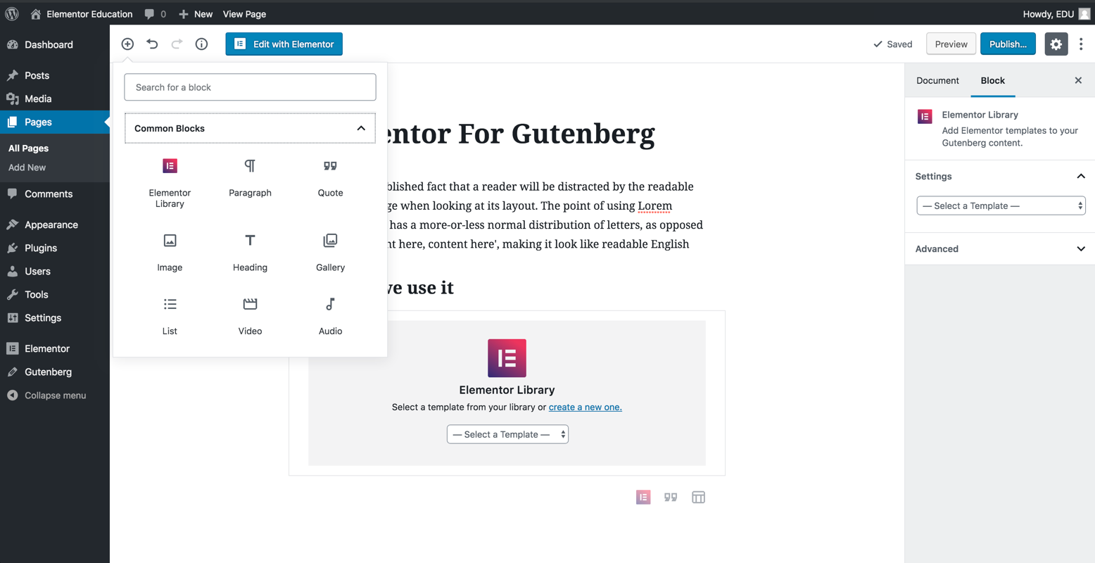 Add Elementor Library block into the Gutenberg