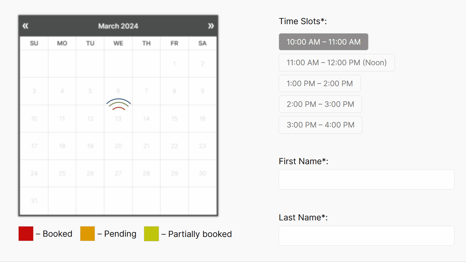 <strong>Time-Slot Appointment Bookings</strong>: This screenshot displays the front-end booking form, configured in a 2-column layout with light theme. It allows users to select <strong>single day</strong> in the calendar and <strong>time slots</strong> in the booking form.
