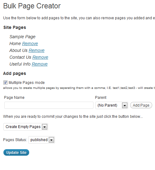 View of bulk page creator screen