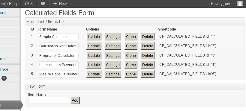 Calculated forms list
