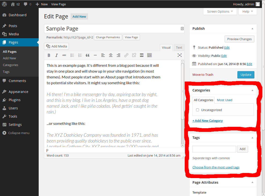 A screenshot of the WordPress backend Pages section with the Categories metabox and the Tags metabox marked red.