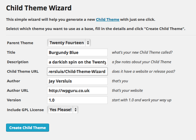 create a Child Theme with just one click