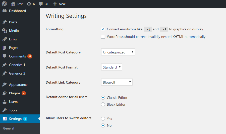 Admin settings on the Settings -&gt; Writing screen.