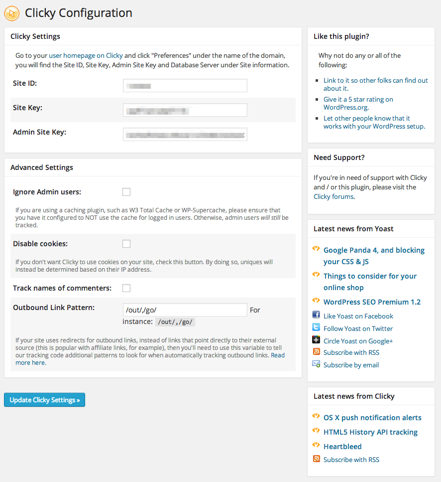 The Clicky WordPress plugin settings panel.