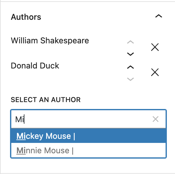Multiple authors can be added to a Post, Page, or Custom Post Type using an auto-complete interface.