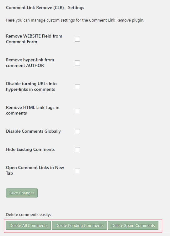 Settings Page with new option to Delete All Comments OR Delete All Pending Comments Delete OR Delete All Spam Comments in One Click