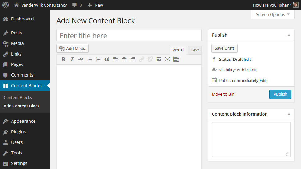 After activating the plugin a new post type called 'Content Blocks' is added.