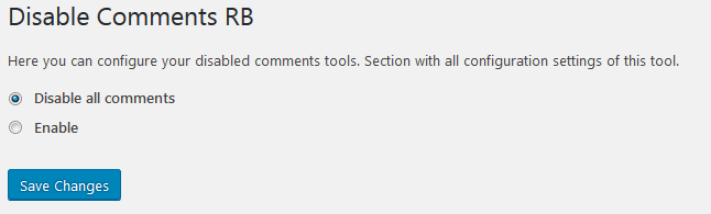 Disable Comments plugin - options screen of the Disable Comments RB