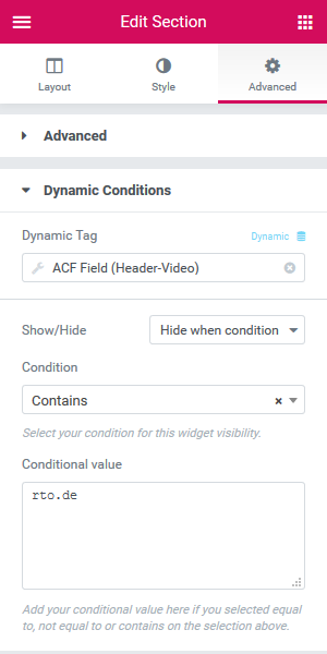 Widget options for conditions
