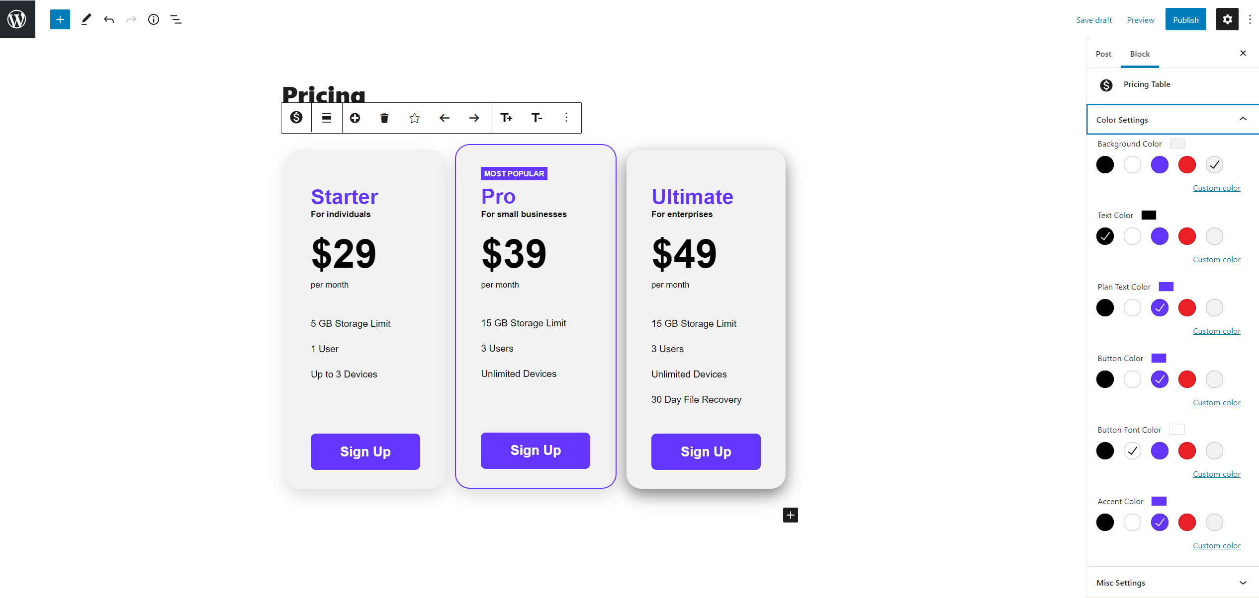 Creating a pricing table