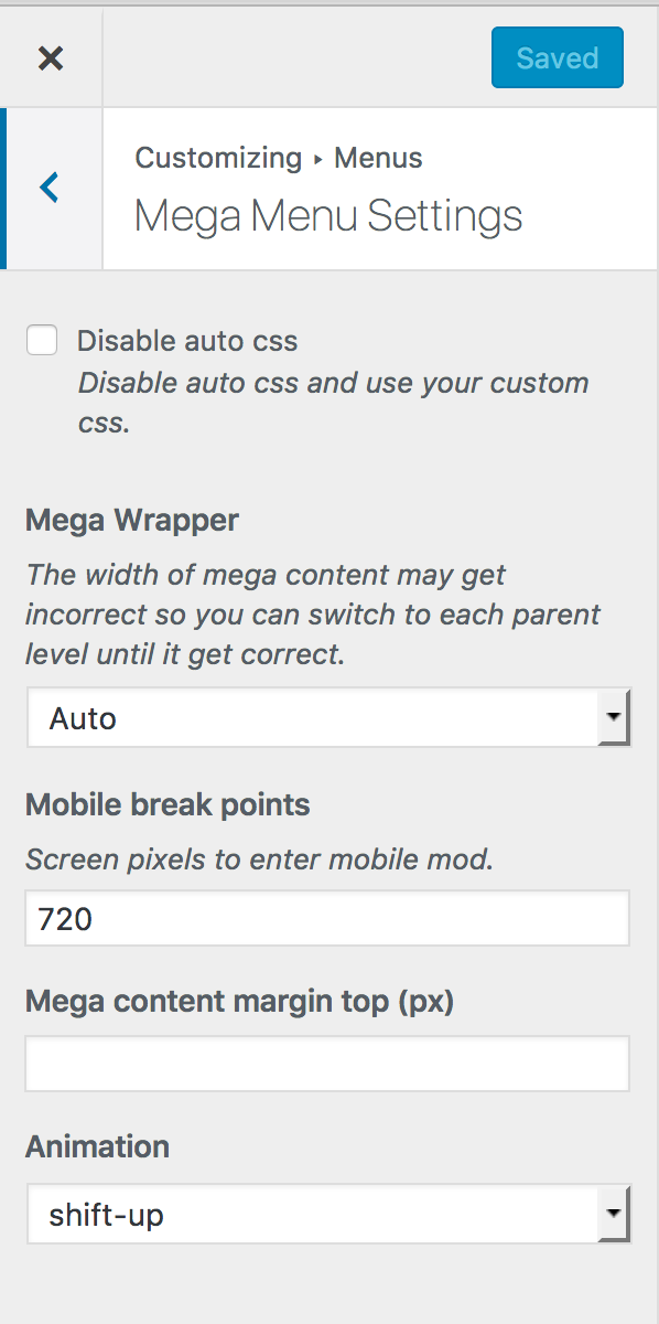 Mega menu settings.