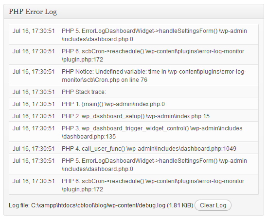 The "PHP Error Log" widget added by the plugin.