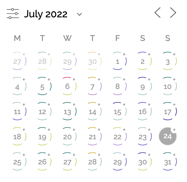 Innovative responsive calendar with rings to show eventful dates, colored by category, clickable to expand more event information.