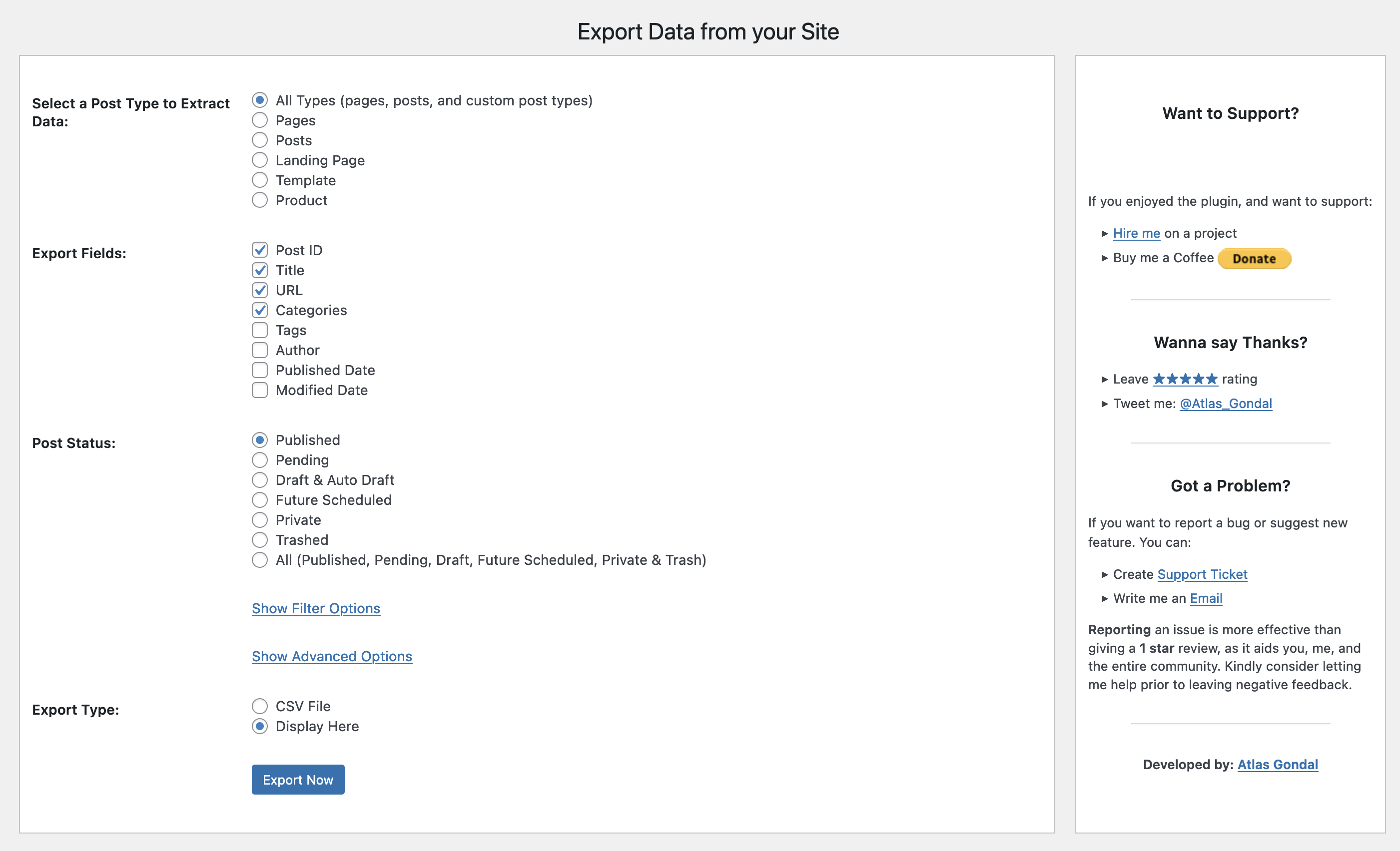 Admin screenshot of Export All URLs