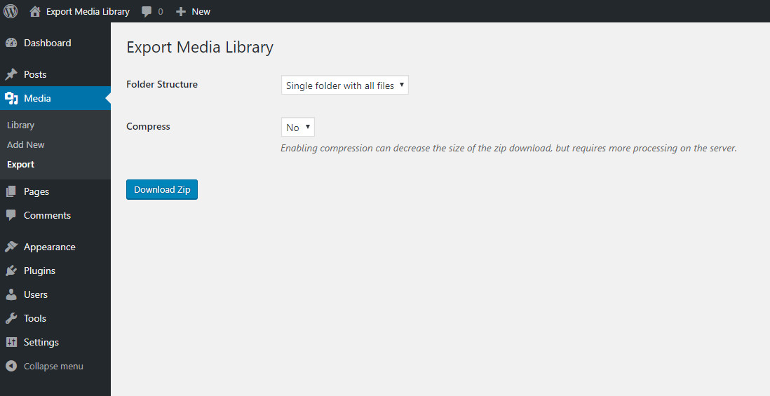 Export Media Library admin page
