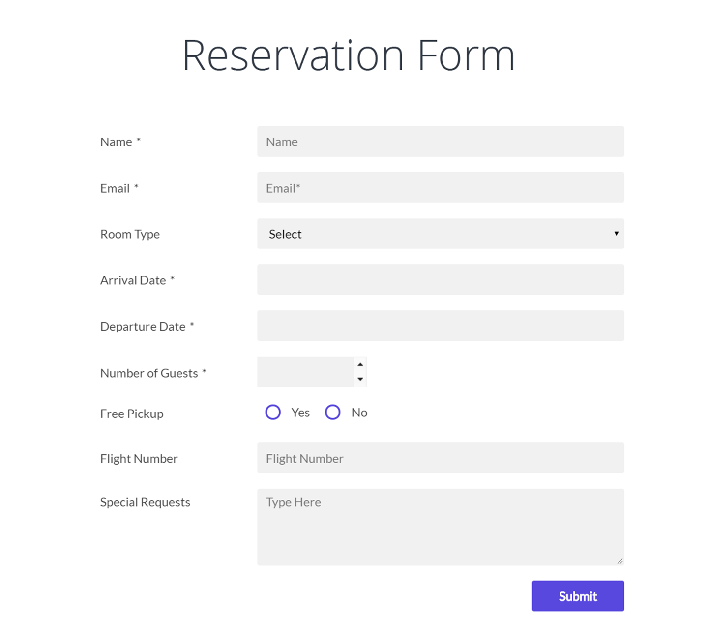 Reservation form created using Form Maker
