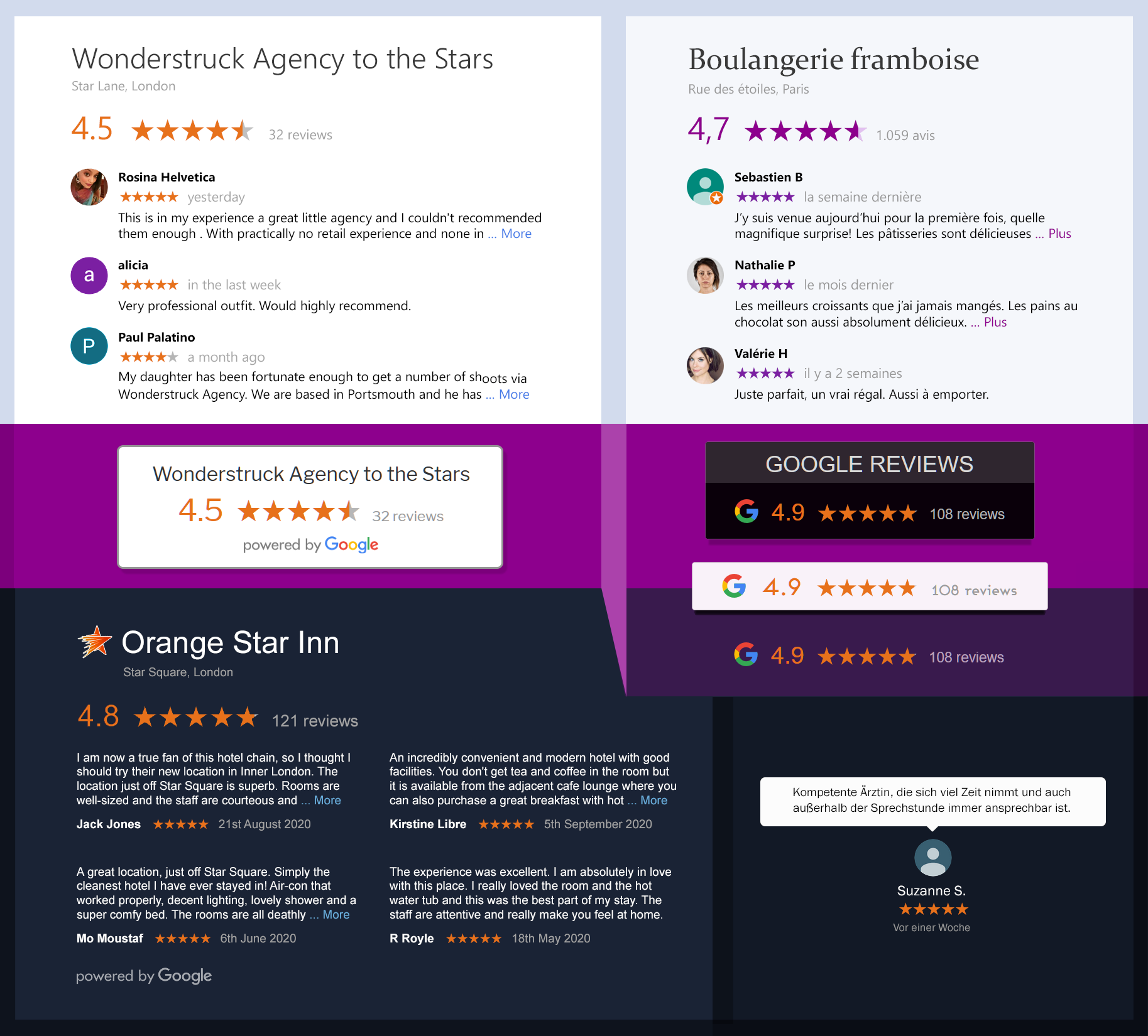 Examples of the reviews listings with Light/Dark themes, badges, multiple columns and bubble themes