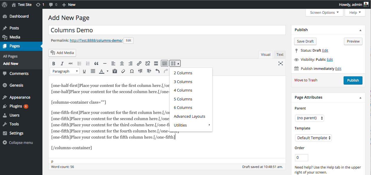 A screenshot of columns button in editor and available options.