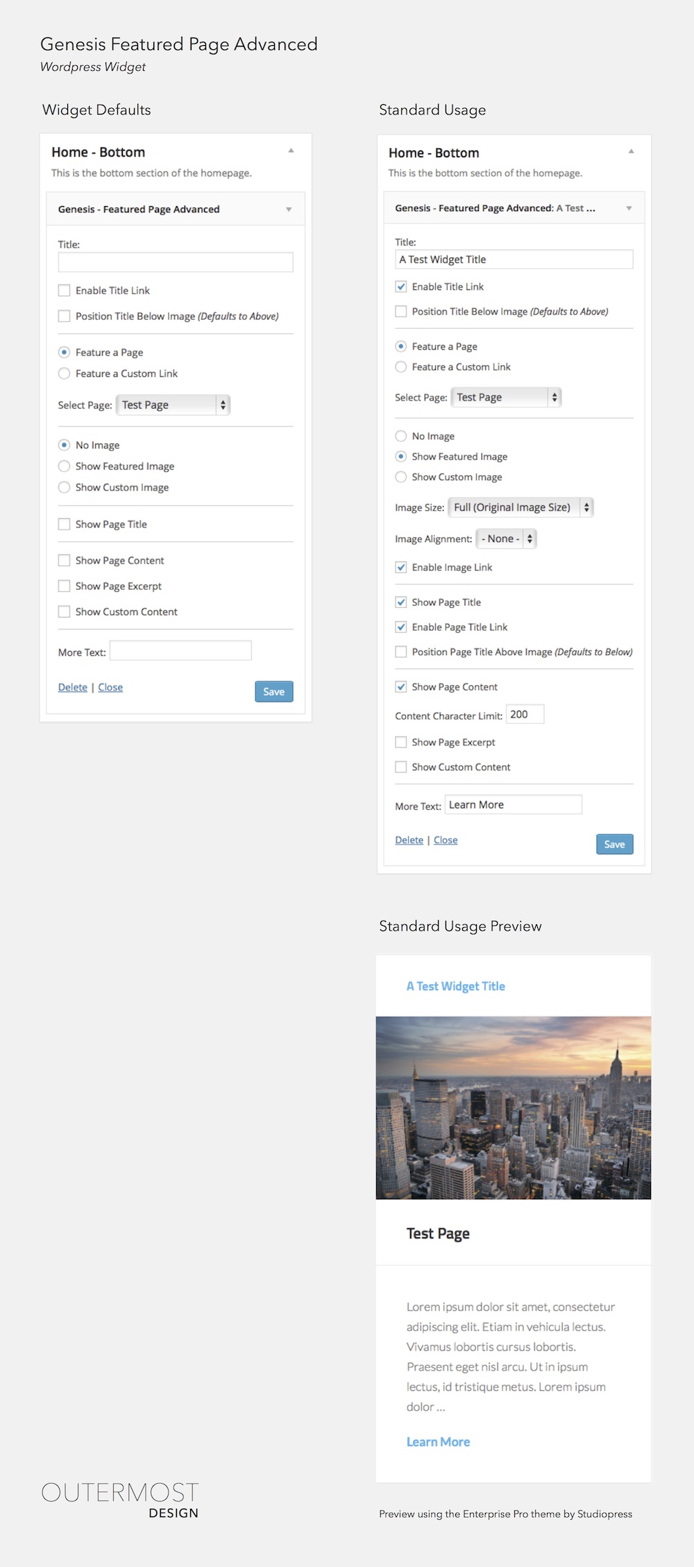 Admin and frontend view of the Genesis - Featured Page Advanced widget. Highlights normal usage and advanced usage.