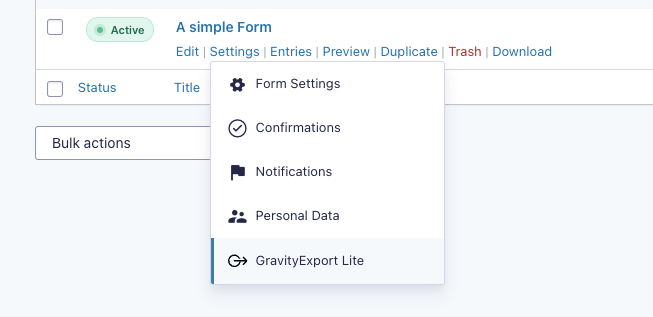 A 'GravityExport' link is added to the form settings