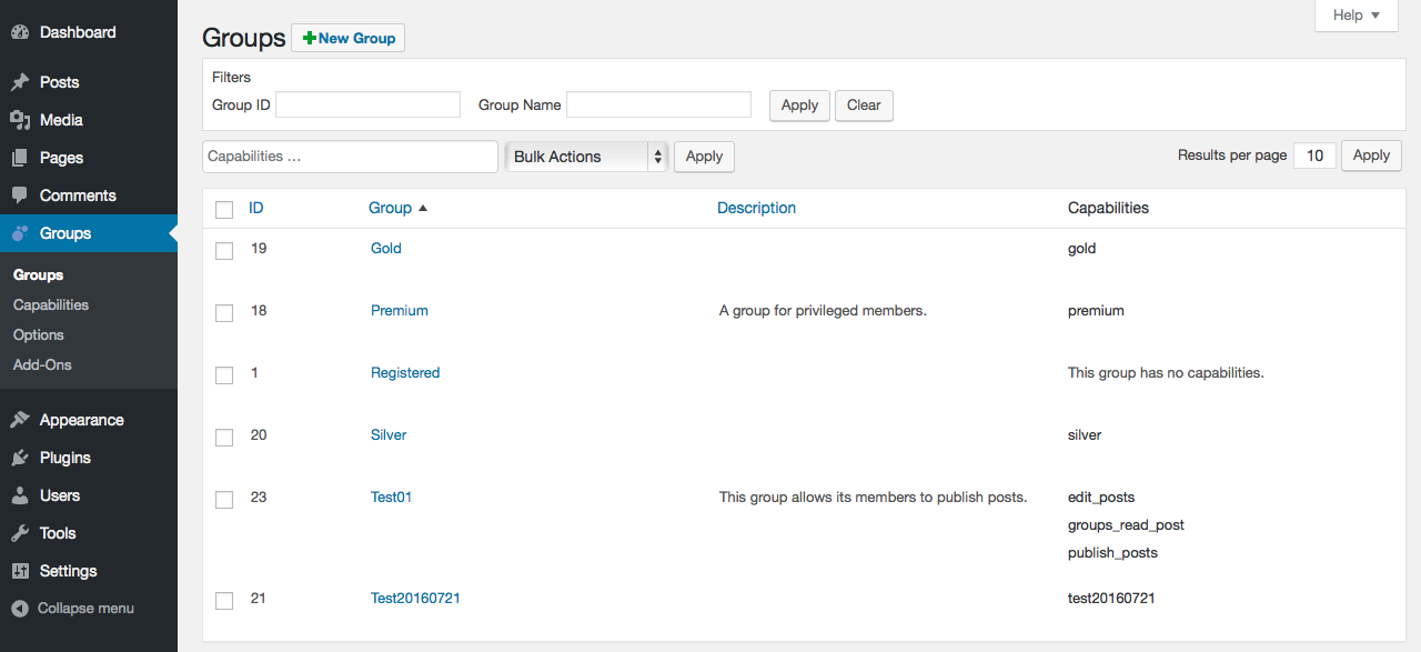 Groups - this is where you add and remove groups and assign capabilities to groups.