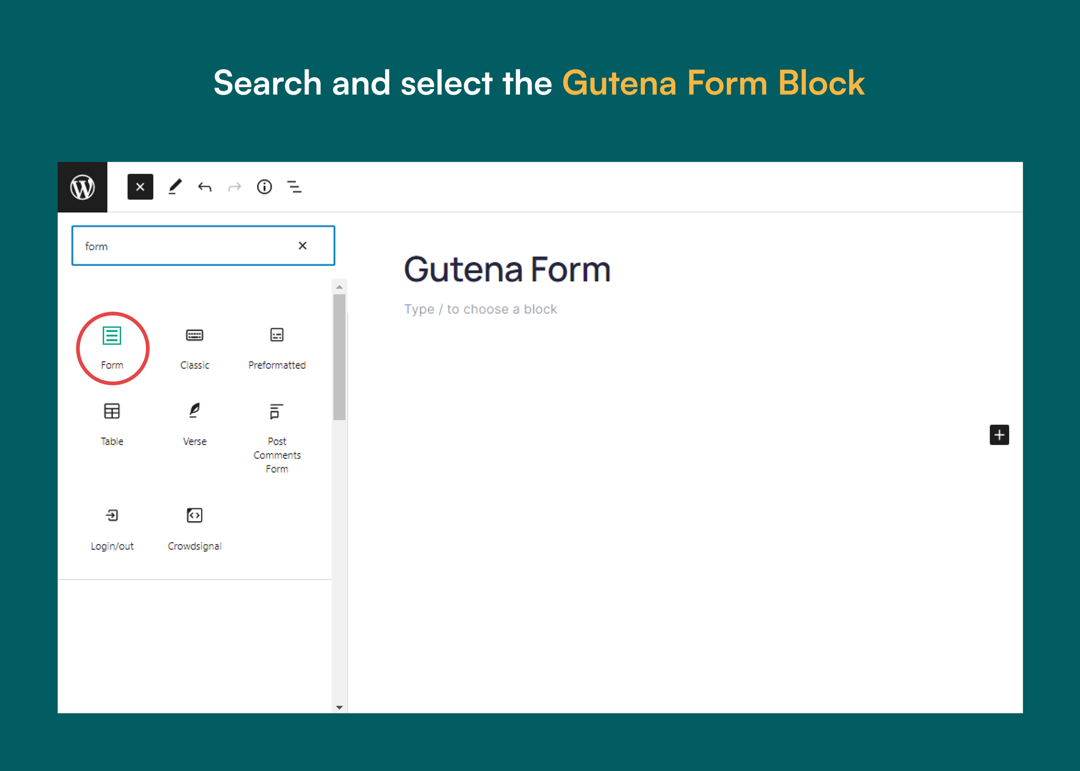 Search and select the Gutena Form Block