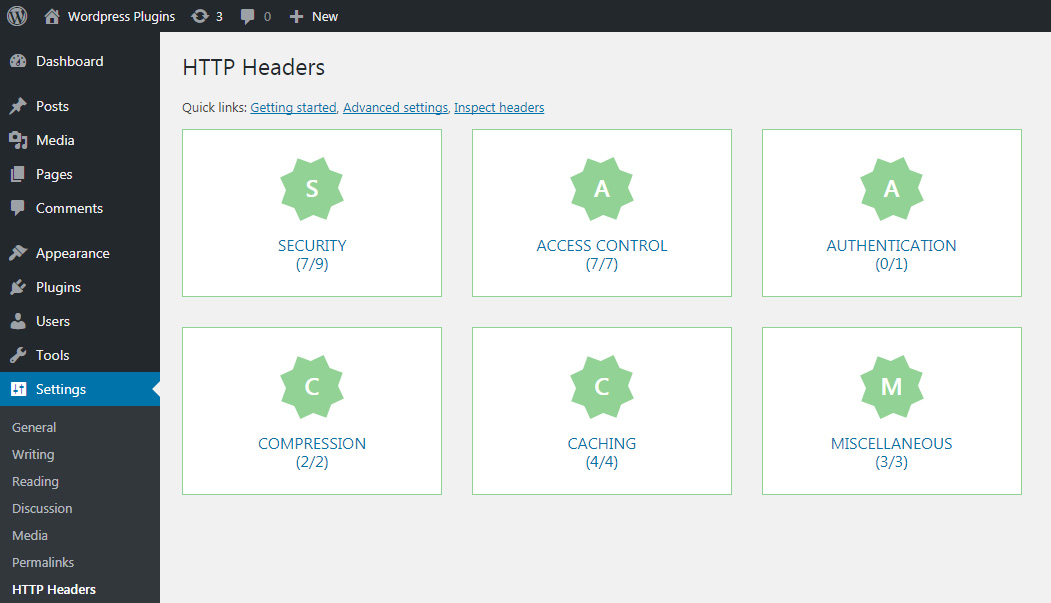 This screenshot shows up the dashboard with categories of the supported headers.