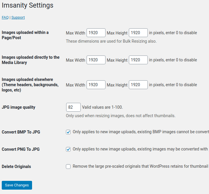 Imsanity settings page to configure max height/width