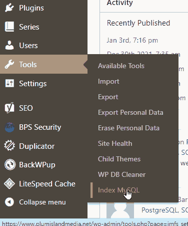 Use Tools &gt; Index MySQL to view the Dashboard panel.