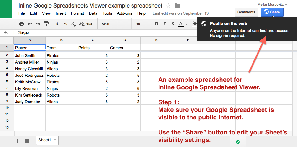 <p>Use a Google Spreadsheet or create a new one for your WordPress post or page. Make sure the Spreadsheet is "Public on the web." Learn more about <a href="https://support.google.com/docs/answer/2494886">Google Docs sharing settings</a>. If your spreadsheet was created a while ago and still uses an "old" style Google Spreadsheet, <a href="https://support.google.com/docs/answer/183965">use the "Publish as a webpage" option</a>. Make a note of the URL of your Google Spreadsheet's editing page.</p>