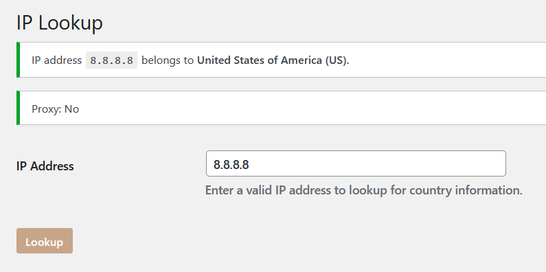 <strong>Country lookup by ip address</strong> - Allow you to perform country lookup by entering a IP address.