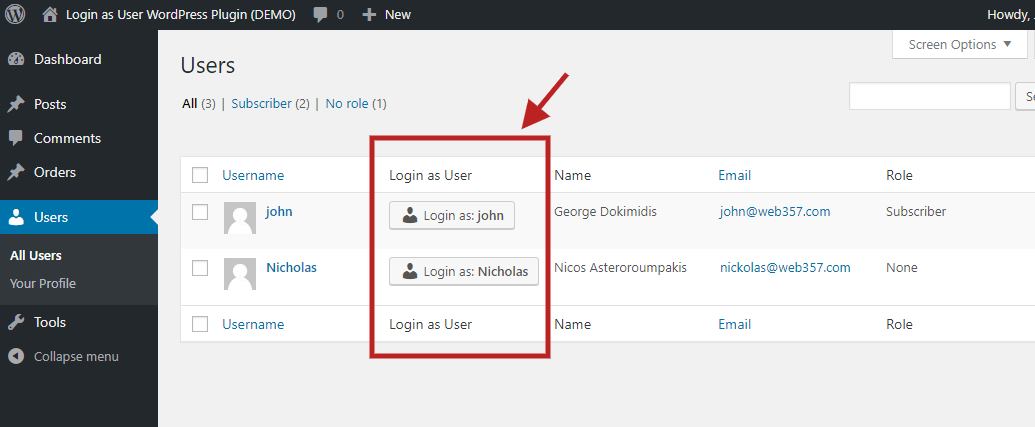 In the Admin area, you select Users in the left-hand side menu and click All Users in the sub-menu. Now, all users of your website appear on the screen along with the Login as… button besides each name. You can click the button of the user you want to switch account.