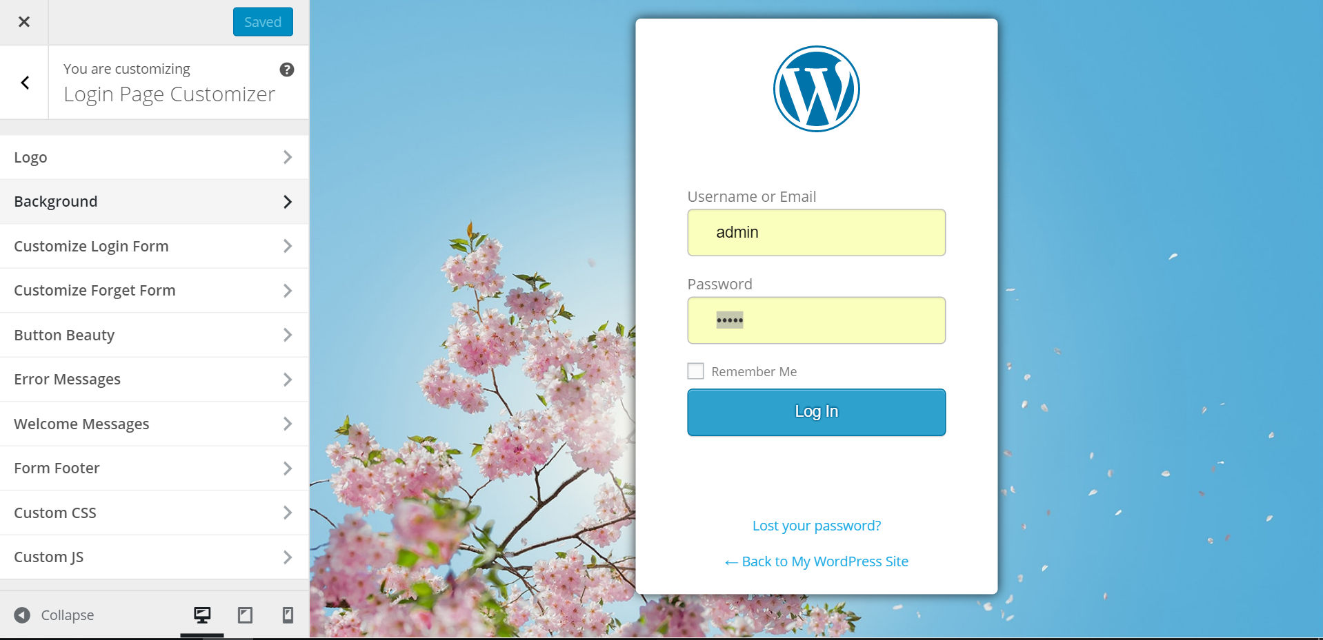 Custom Login page Example #1 with Default Background