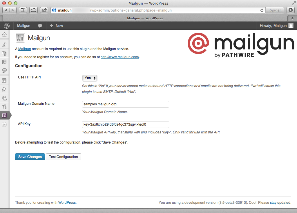 Configuration options for using the Mailgun HTTP API