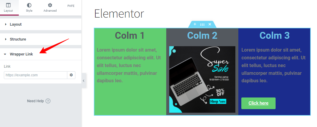 Make Section & Column Clickable Elementor screenshot