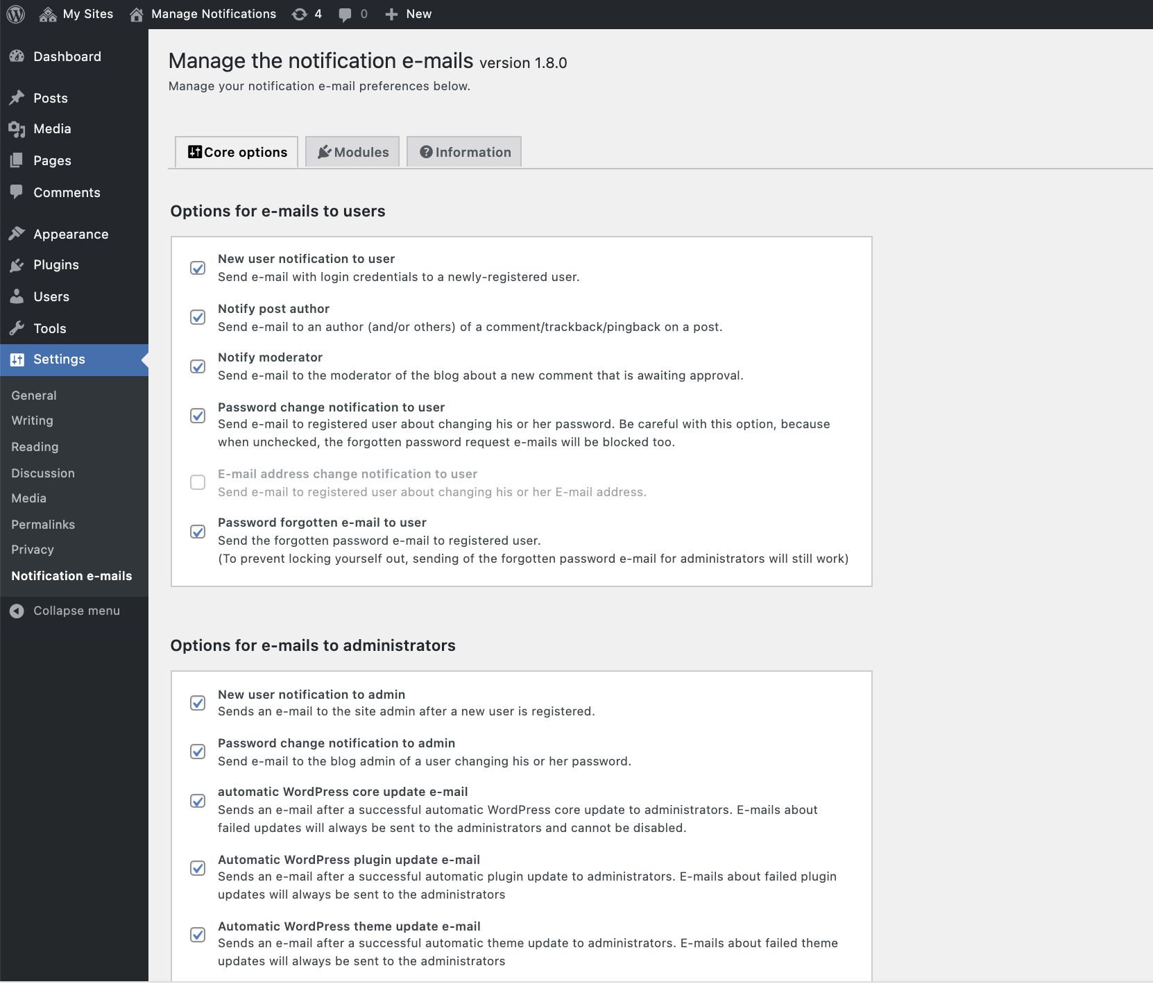 Settings view: Core options.