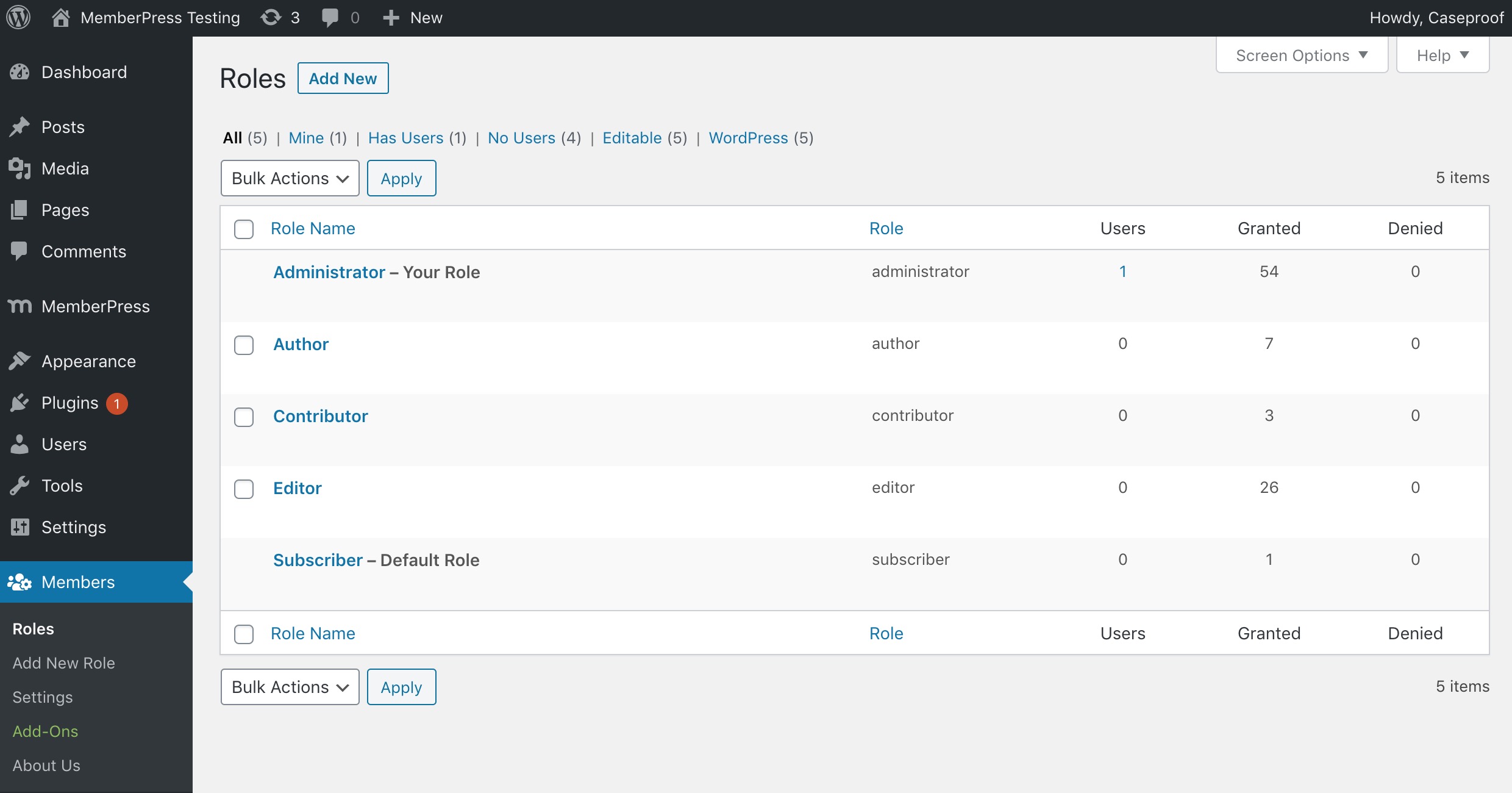 Role management screen