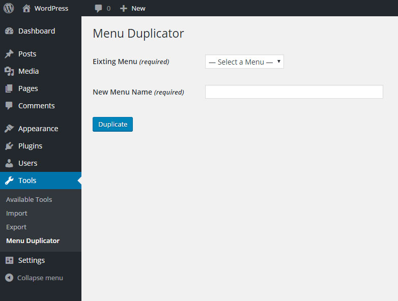 Screenshot of the duplicator page &amp; the dashboard menu to access Menu Duplicator