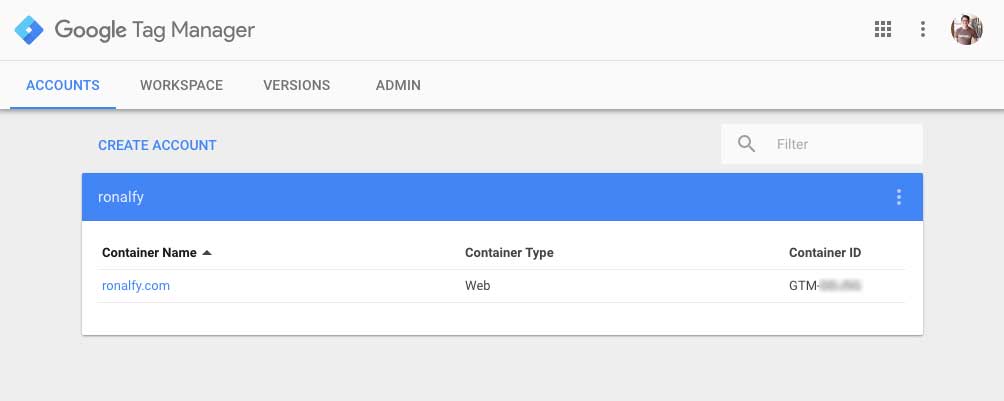 Google Tag Manager account dashboard