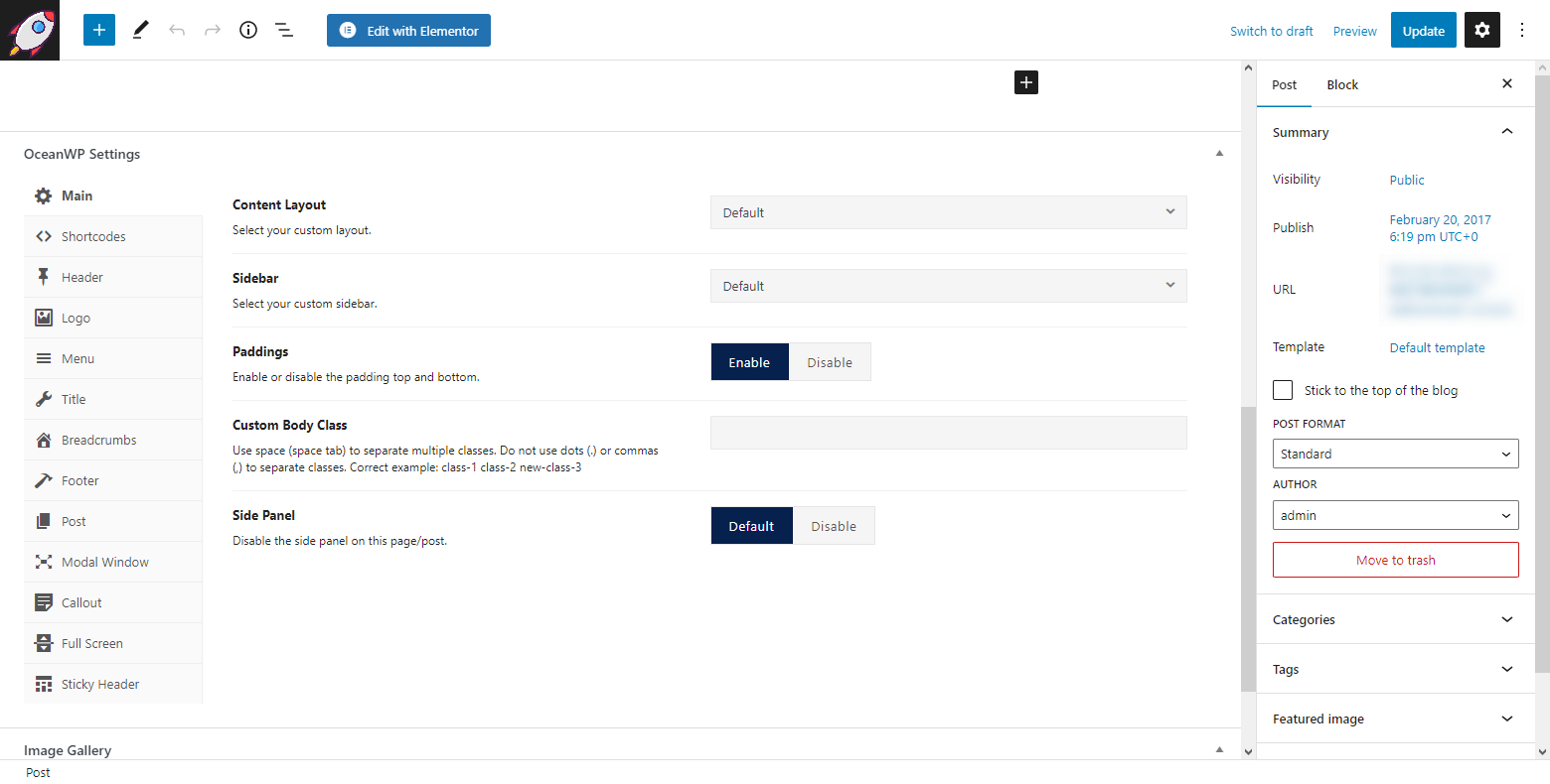 The OceanWP meta box Settings allow you full control over every page and post.