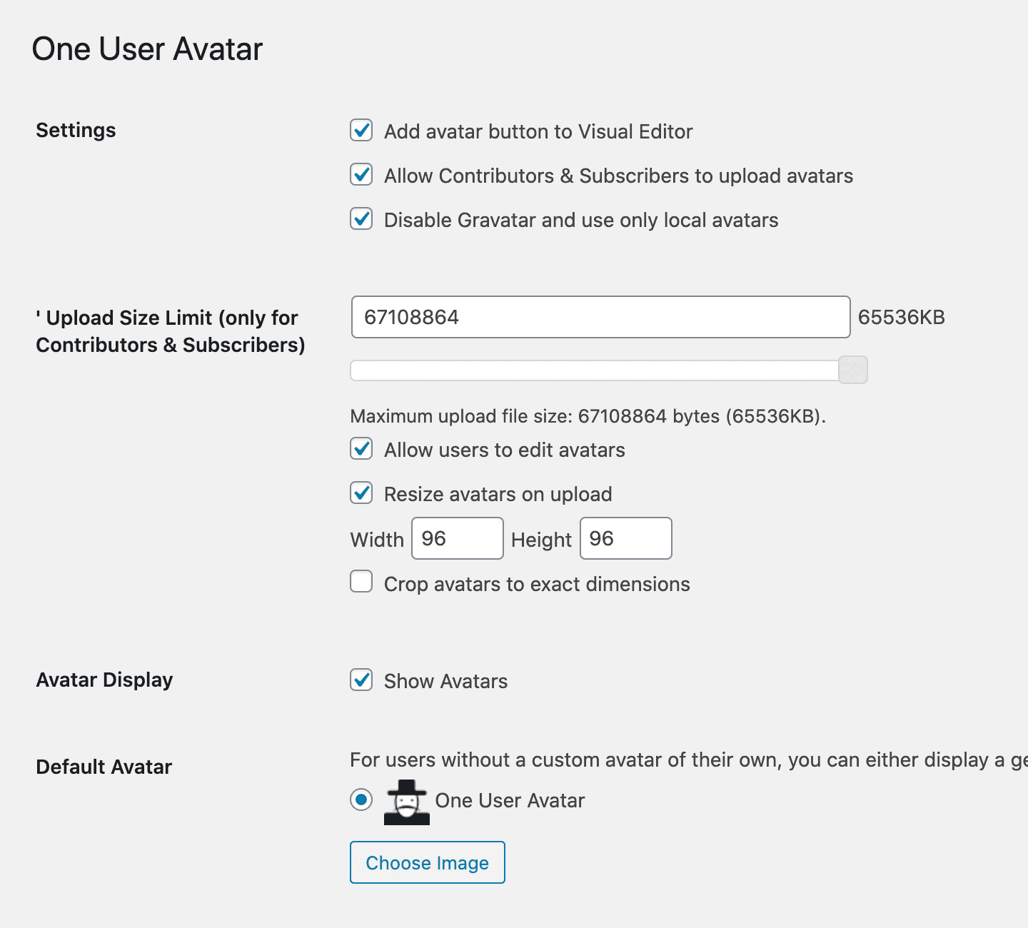 One User Avatar admin settings.