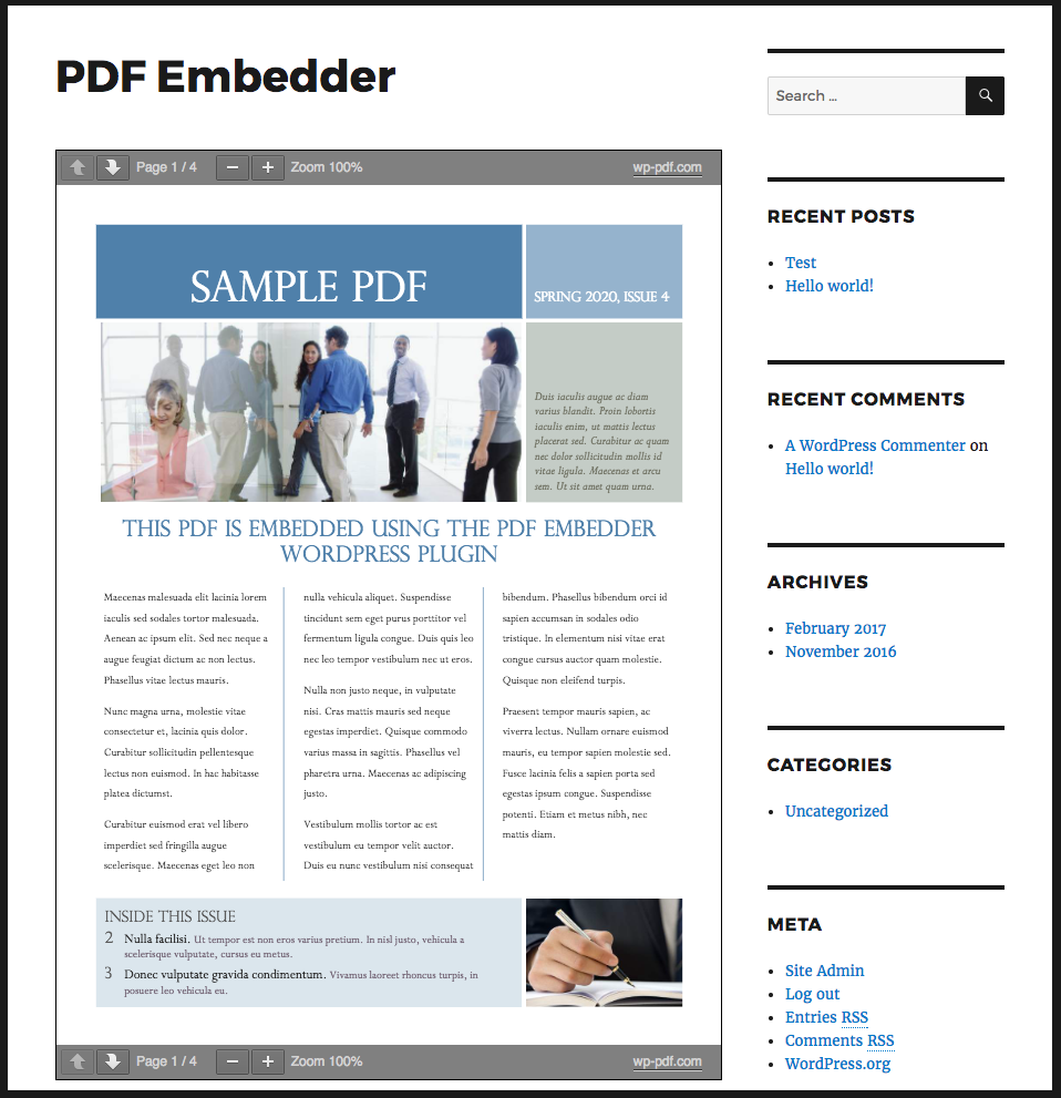 Uploaded PDF is displayed within your page/post at the correct size to fit.