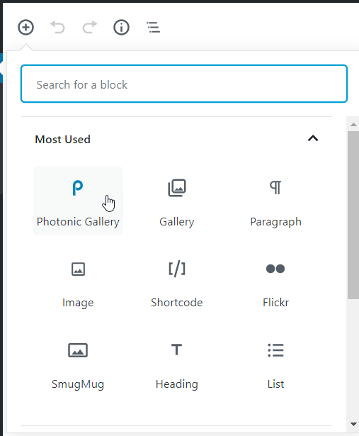 If you are using Gutenberg look for the "Photonic" block