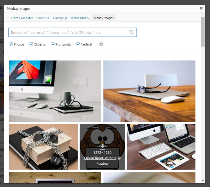 Pixabay Images window with search results.