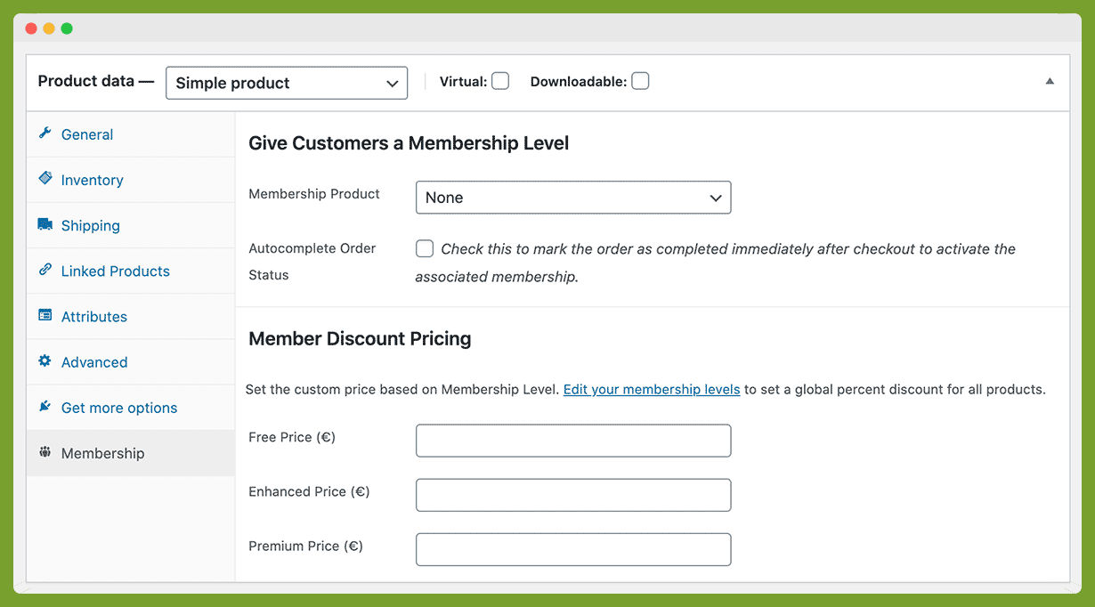 The "Membership" meta box on a single product. Optionally use this WooCommerce Product to buy a PMPro Membership Level or set specific pricing based on membership level for each product.