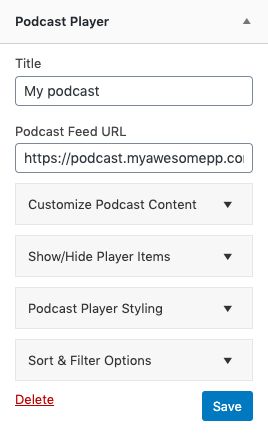 Display podcast player using custom widget
